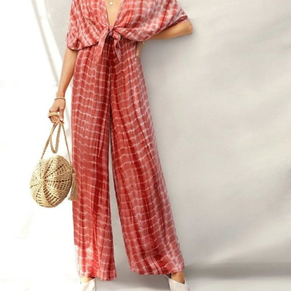 Rusty Rose Preppy Womens Plunging Neck Knot Front Tie Dye Palazzo Jumpsuit - Picture 5 of 5